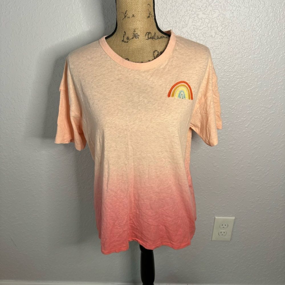 American Eagle Women Size S Orange Ombre Rainbow Embroidered Crew T Shirt Cotton